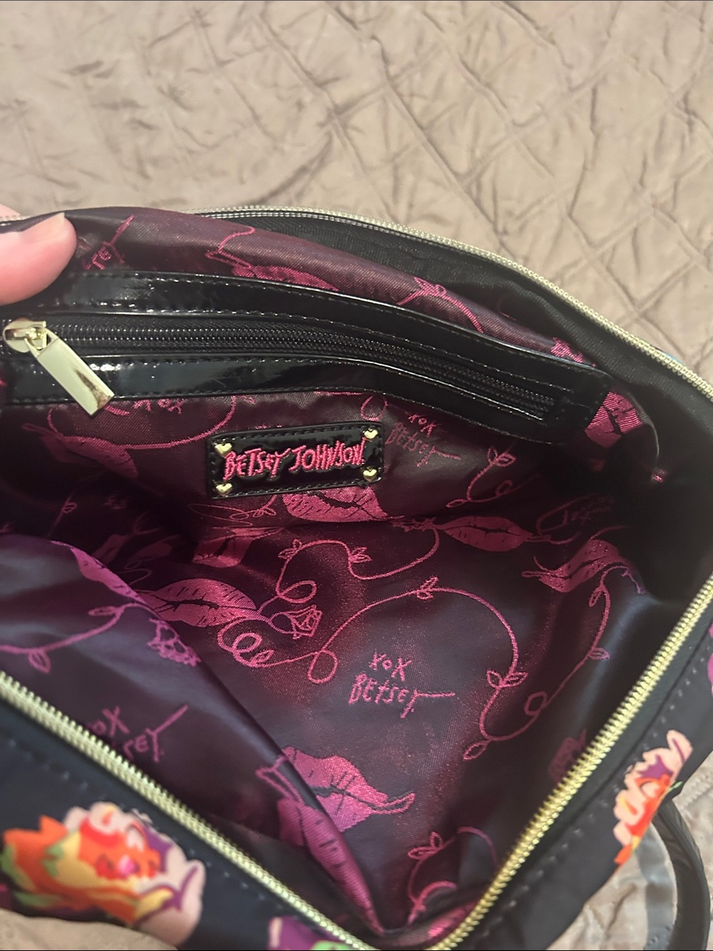 Betsey Johnson Black Floral Crossbody with Pink Lined Interior